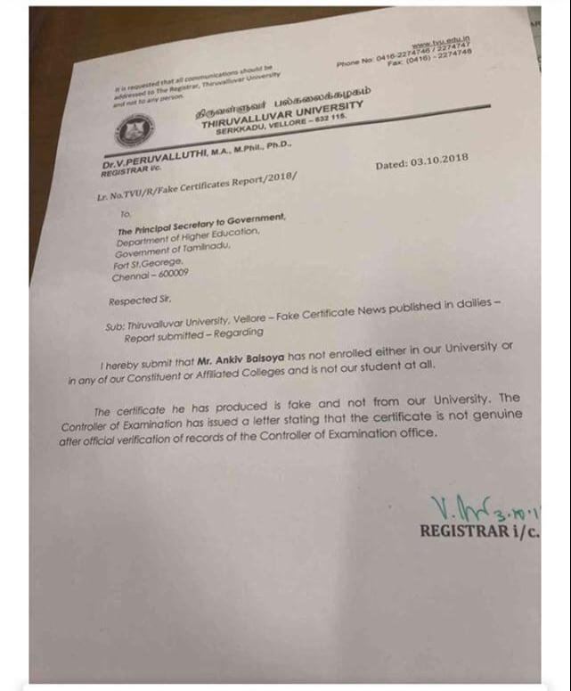 NSUI Releases Letter From Thiruvalluvar University Which Calls Ankiv Baisoya's Degree 'Fake'